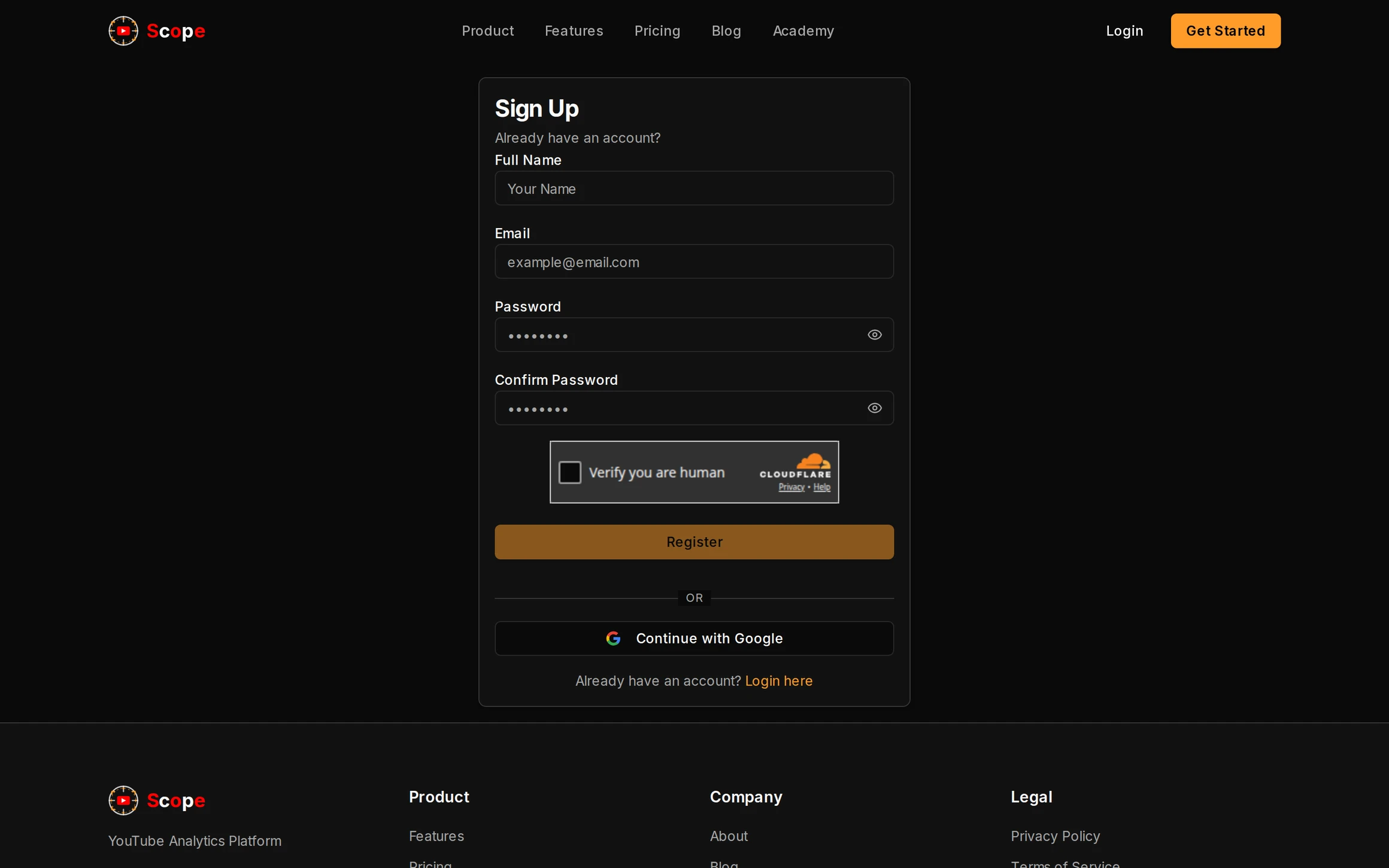 YTScope registration form