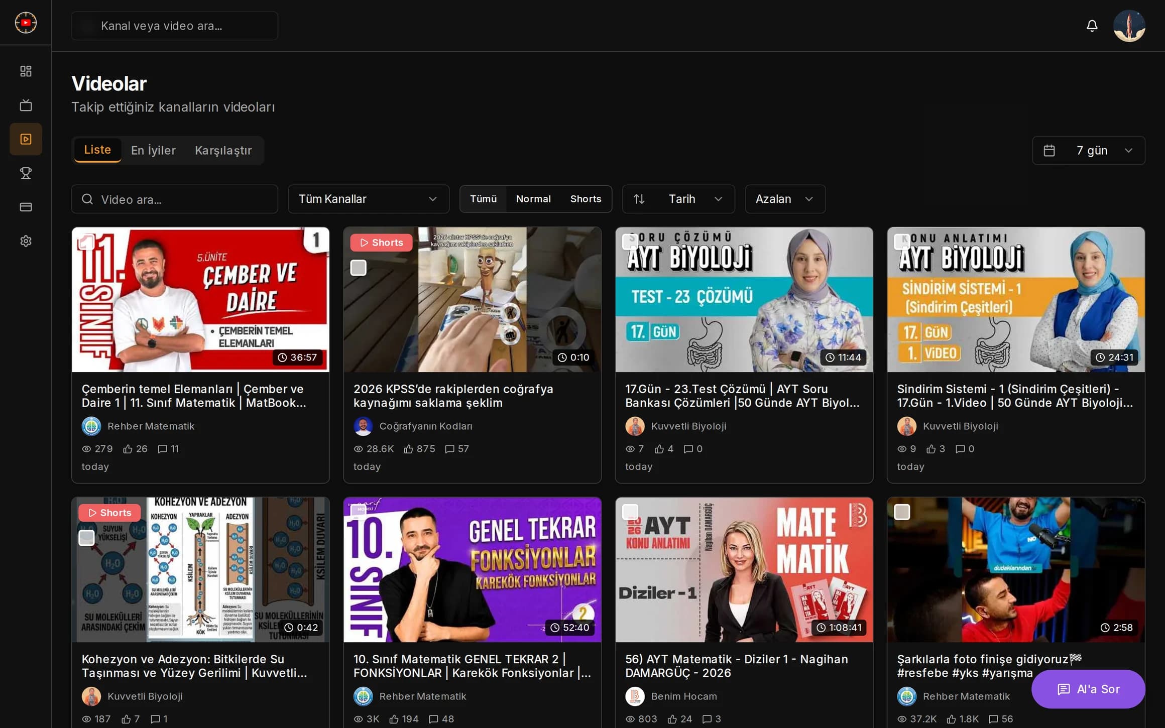 Videolar sayfası liste görünümü